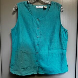 Vintage Selene Sport Button Up Large Blue Linen Blend Sleeveless Button Up Top